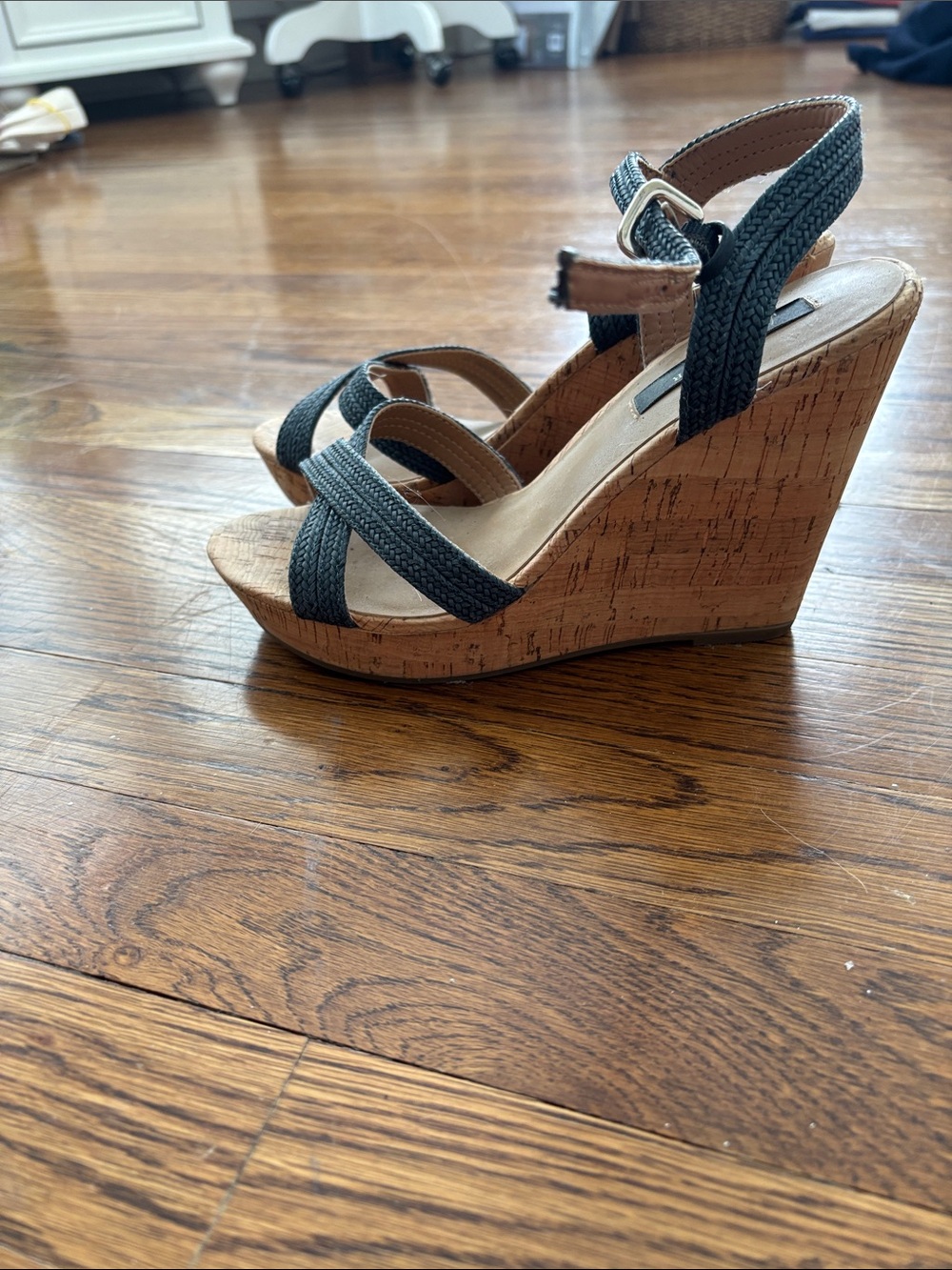Ann Taylor Navy Braided-Strap Cork Wedge Sandals